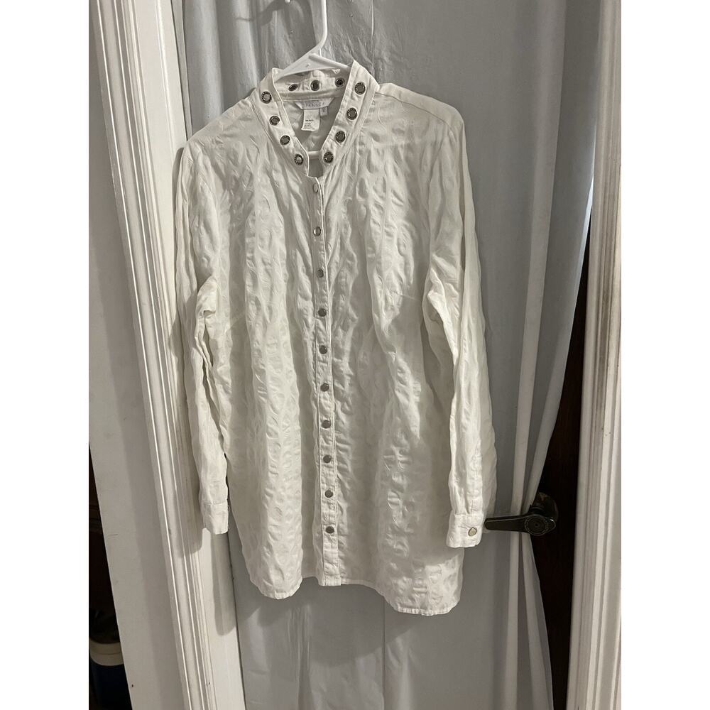 Spanner White Snap Front Long Line Top Crystal Grommets On Collar Sz 12
